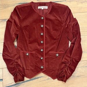 Free People Burgundy Velvet Stretch Blazer Ruched Sleeves